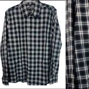 Express Button Up Shirt Mens XL Black Gray Plaid Modern Fit Neck 17.5 Casual
